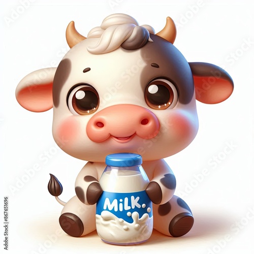 cute baby cow holding milk cartoon ,3d Generative AI
