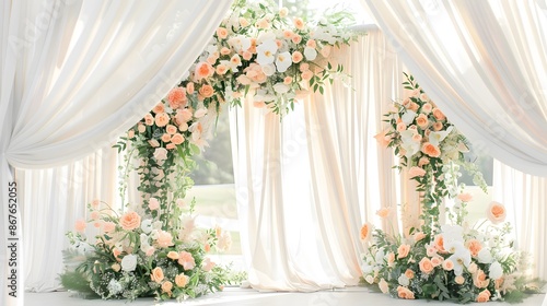 A bright and airy wedding backdrop with flowing white drapes and soft peach floral arrangements © Surachet