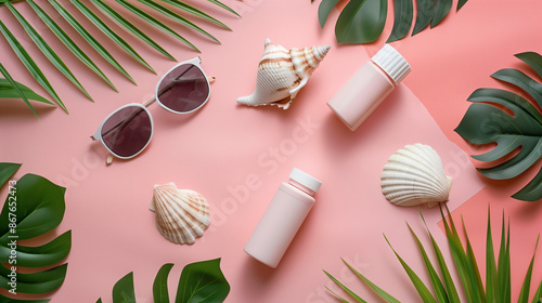 Tropical vacation items including sunglasses and skincare products photo