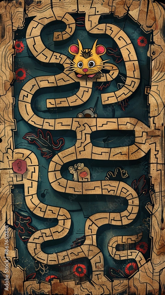 Naklejka premium Cartoon Mouse Adventure in Elaborate Maze