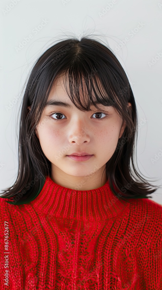 Portrait of a young woman in a red sweater with black hair and bangs, staring directly at the camera against a plain light background. Portrait of a young woman in a red sweater with black hair and bangs, staring directly at the camera against a plain light background.