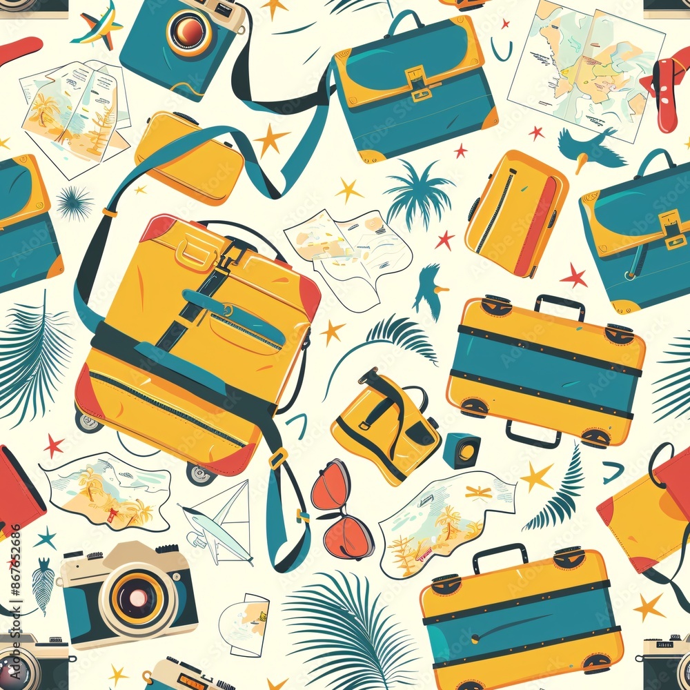 A seamless pattern with summer travel items such as suitcases, cameras, and maps, creating an adventurous and vibrant theme A seamless pattern with summer travel items such as suitcases, cameras, and maps, creating an adventurous and vibrant theme