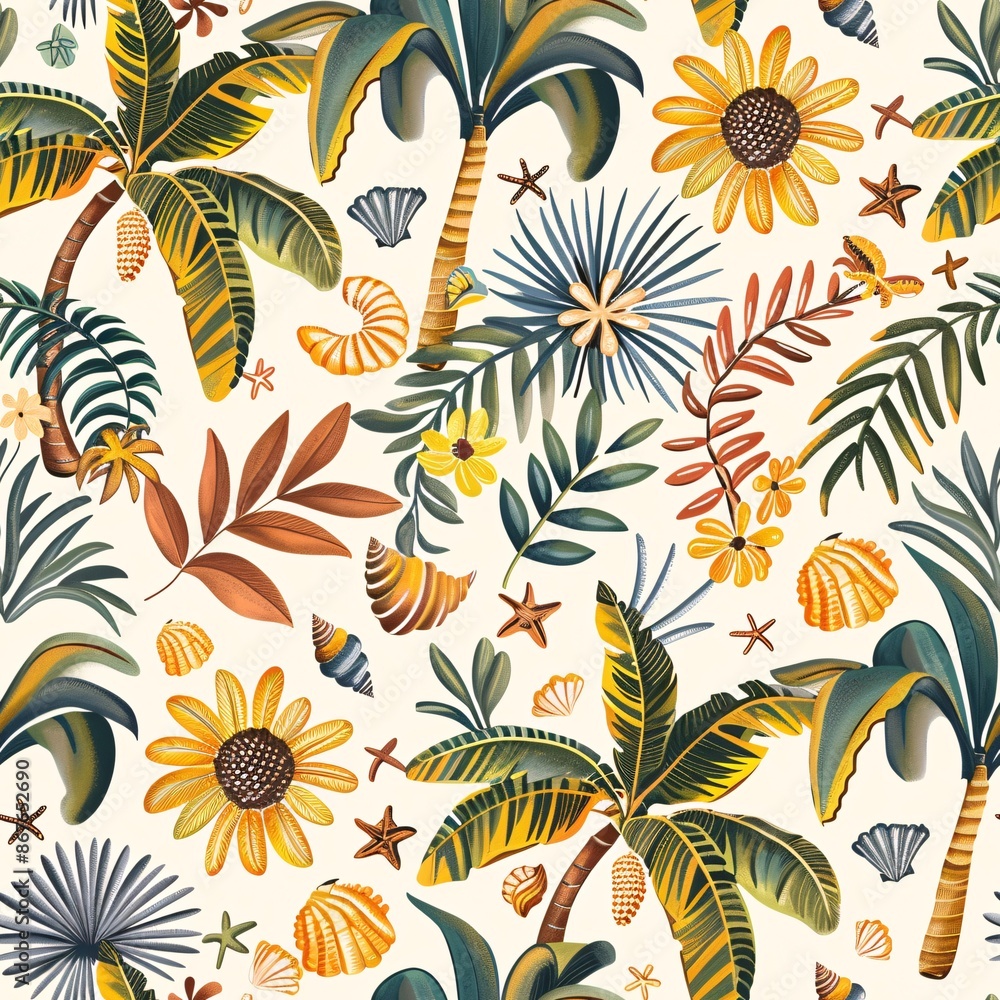 A seamless pattern with a mix of summer motifs like palm trees, sunflowers, and seashells, evoking a fun and sunny atmosphere A seamless pattern with a mix of summer motifs like palm trees, sunflowers, and seashells, evoking a fun and sunny atmosphere
