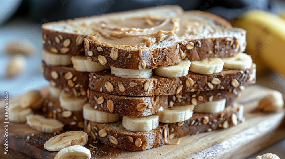 Close-up of a peanut butter and banana sandwich on whole wheat bread. Close-up of a peanut butter and banana sandwich on whole wheat bread.