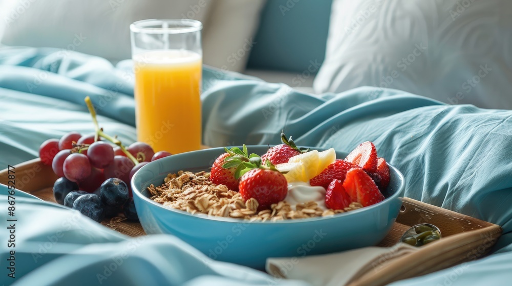 Nutritious morning meal with granola fruit and juice on wooden tray in blue bed Sunny calm morning trendy food lifestyle Nutritious morning meal with granola fruit and juice on wooden tray in blue bed Sunny calm morning trendy food lifestyle