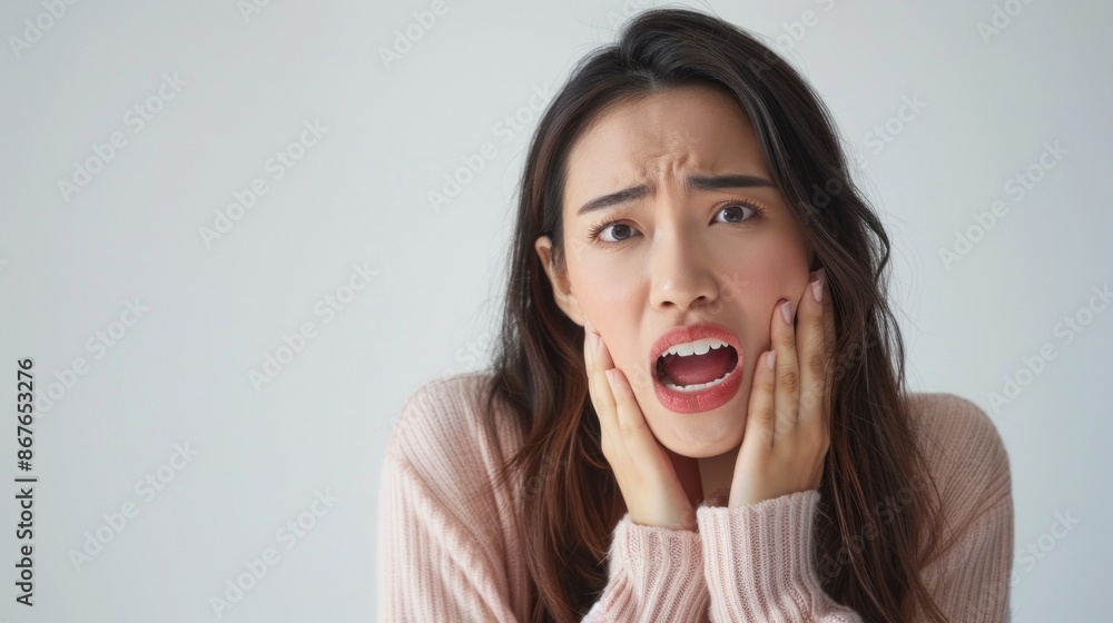A young Asian woman with long dark hair is shown with a pained expression, clutching her face and mouth. She appears to be in extreme discomfort, possibly due to a severe toothache A young Asian woman with long dark hair is shown with a pained expression, clutching her face and mouth. She appears to be in extreme discomfort, possibly due to a severe toothache