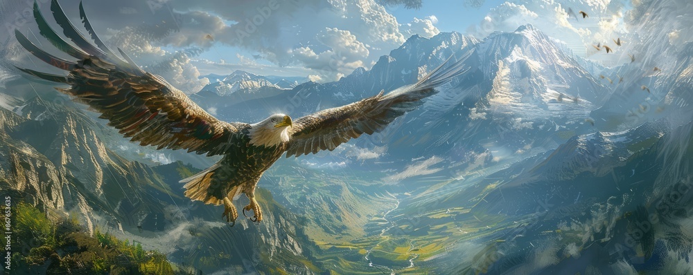 Fototapeta premium A majestic eagle soaring through the sky, its wings outstretched as it surveys the landscape below.