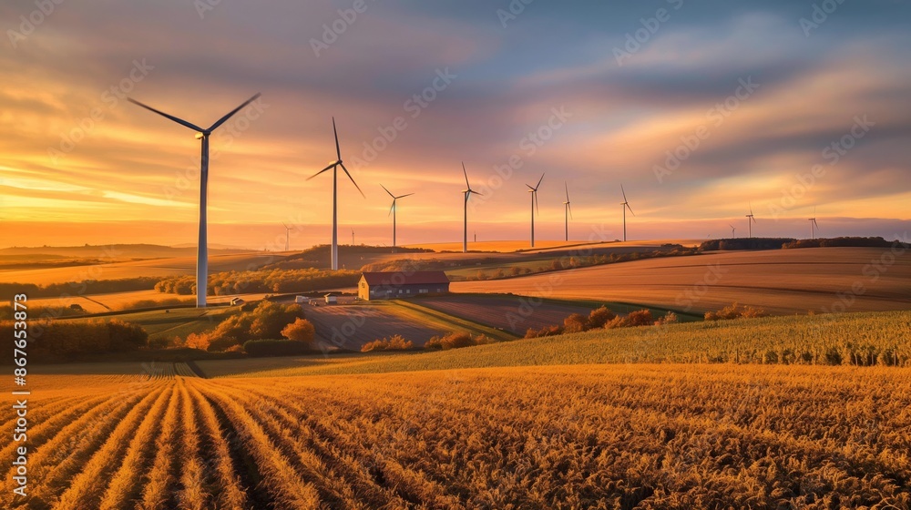 Obraz premium Wind Turbines and Countryside Fields at Sunset in a Serene Rural Setting
