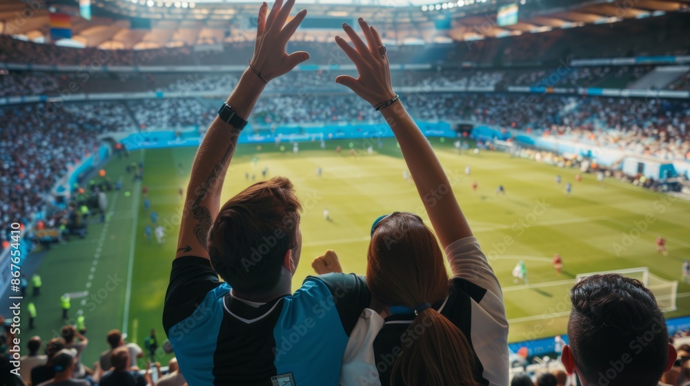 A young couple cheers enthusiastically during a crowded soccer match, their arms raised in excitement as they watch the game unfold from the stands A young couple cheers enthusiastically during a crowded soccer match, their arms raised in excitement as they watch the game unfold from the stands