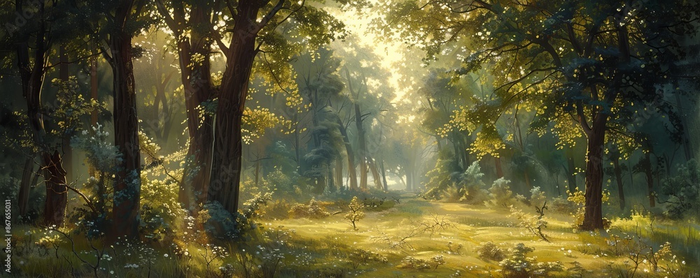 A tranquil woodland glade illuminated by dappled sunlight filtering through the trees. A tranquil woodland glade illuminated by dappled sunlight filtering through the trees.