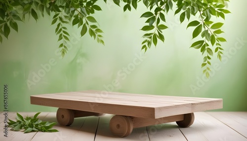 minimal soft studio light photography, Three weathered wooden platforms festooned with vibrant green leaves, framed by a calming peach-hued environment, high detail, solid bold color background