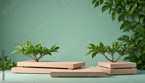 minimal soft studio light photography, Three wooden platforms enveloped in verdant green leaves, positioned on a calming peach-colored backdrop, high detail, solid bold color background