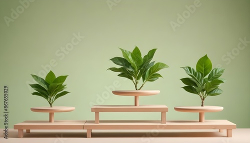 minimal soft studio light photography, Three wooden platforms enveloped in verdant green leaves, positioned on a calming peach-colored backdrop, high detail, solid bold color background, blurry