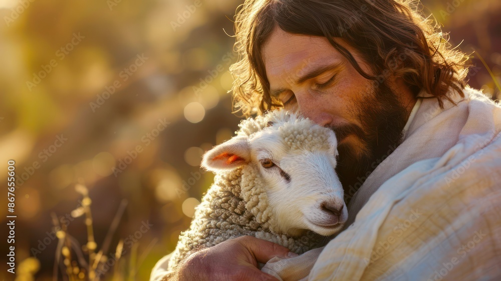 Christian banner with Jesus Christ gently holding a cute lamb with sense of protection and care. Stock photo --ar 16:9 --style raw Job ID: f9afba4a-e47a-46d5-90f2-b3169c1e3b67 Christian banner with Jesus Christ gently holding a cute lamb with sense of protection and care. Stock photo --ar 16:9 --style raw Job ID: f9afba4a-e47a-46d5-90f2-b3169c1e3b67