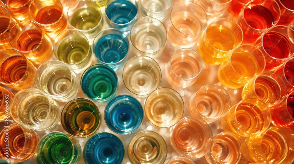 Top View Colorful Pattern of Glasses Filled With Drinks Top View Colorful Pattern of Glasses Filled With Drinks