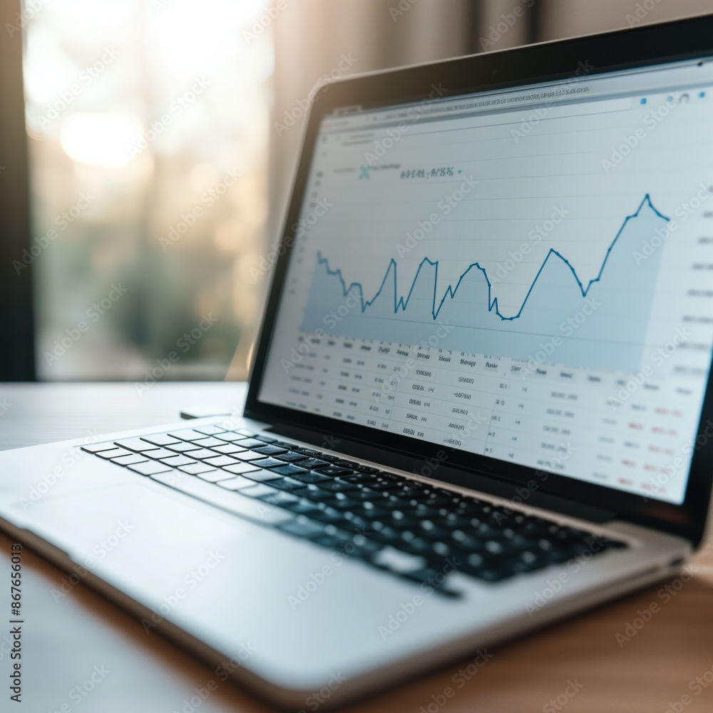 Graph with rising stock prices on a laptop screen. Bright light. White background. Graph with rising stock prices on a laptop screen. Bright light. White background.