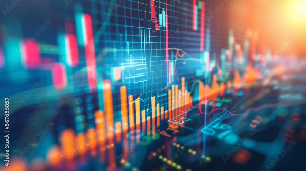 A close-up shot of a stock exchange market screen displaying a variety of data and charts, illuminated by a warm, soft light A close-up shot of a stock exchange market screen displaying a variety of data and charts, illuminated by a warm, soft light