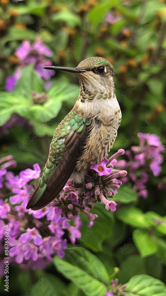 Fototapeta premium Hummingbird Feeding on Purple Flowers Close-Up