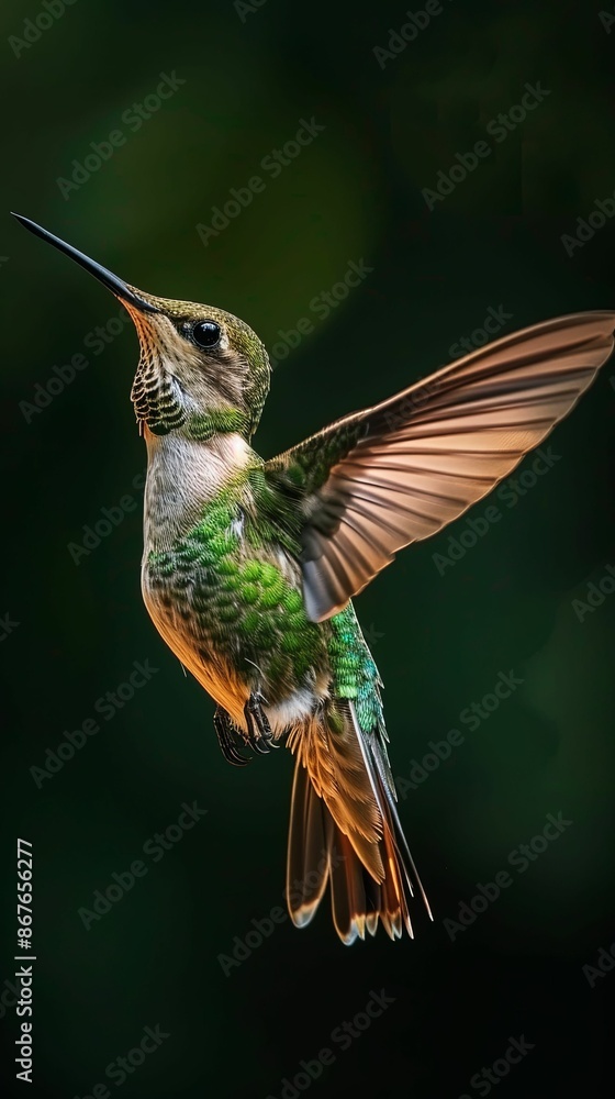 Fototapeta premium Hummingbird in Full Flight Against Dark Background