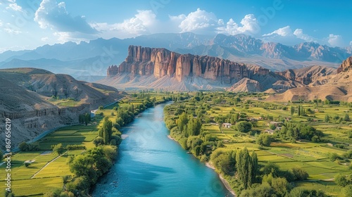 Drone view of the scenic Shahr-e Gholghola in Bamiyan, Afghanistan photo