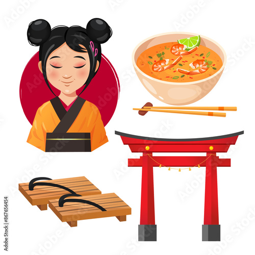 Japanese cultural symbols set with cartoon girl in kimono, plate of yummy tom yum soup, japanese footwear and traditional Shinto Torii Gate landmark.	
