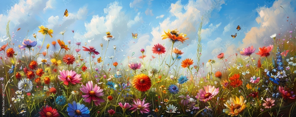 A vibrant field of wildflowers in full bloom, with bees buzzing among the colorful blooms and butterflies flitting from flower to flower. A vibrant field of wildflowers in full bloom, with bees buzzing among the colorful blooms and butterflies flitting from flower to flower.