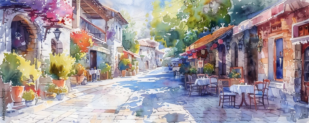 A watercolor painting of a quaint cobblestone street lined with charming shops, cafes, and old-fashioned buildings. A watercolor painting of a quaint cobblestone street lined with charming shops, cafes, and old-fashioned buildings.
