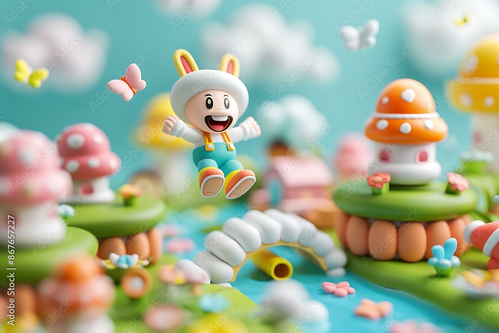 A close-up view of a cheerful 3D gaming setting featuring an adorable character with bunny ears, colorful mushrooms, a bridge, and flying butterflies, creating a whimsical and delightful atmosphere. A close-up view of a cheerful 3D gaming setting featuring an adorable character with bunny ears, colorful mushrooms, a bridge, and flying butterflies, creating a whimsical and delightful atmosphere.