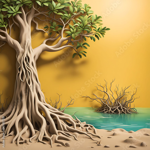  Mangrove Forest 3D Art with Tangled Roots, Wildlife, and Calm Waters on a Yellow Background photo