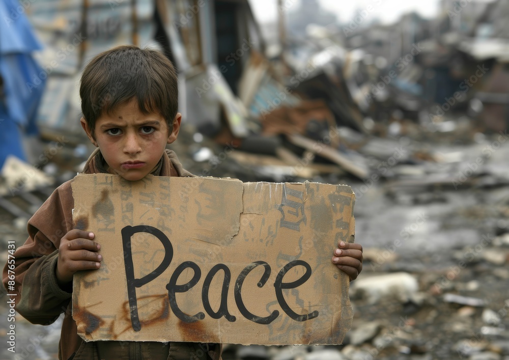custom made wallpaper toronto digitalPeace Child Boy Holding Sad Message of Hope on Cardboard, Urban Background