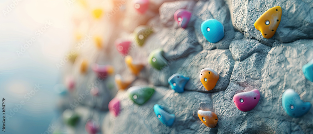 Colorful climbing holds on a rock wall with a blurred background Colorful climbing holds on a rock wall with a blurred background