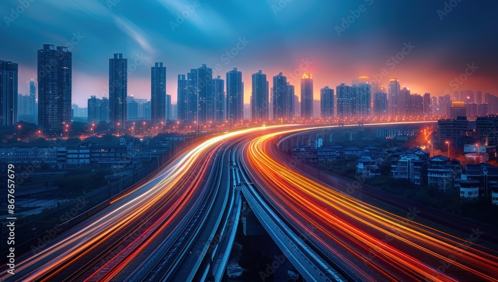 Obraz premium Cityscape with a Highway and Light Trails
