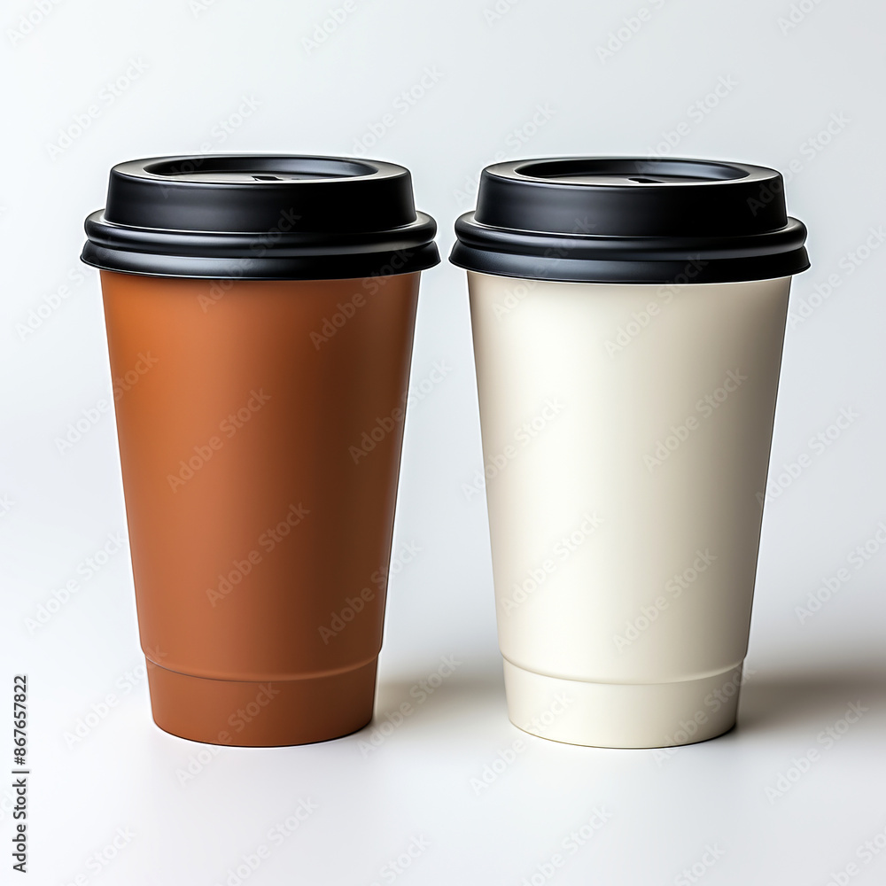 Close-up of modern travel mugs or takeaway cups isolated on white background. Close-up of modern travel mugs or takeaway cups isolated on white background.