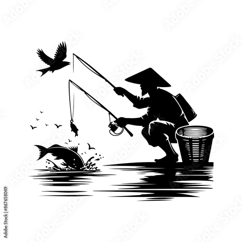 Fisherman catching a fish vector silhouette. Collection of fishing men on the waves and of the boat. Emblem for fishing clubs.