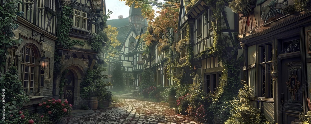Fototapeta premium A quaint village scene with cobblestone streets and half-timbered houses.
