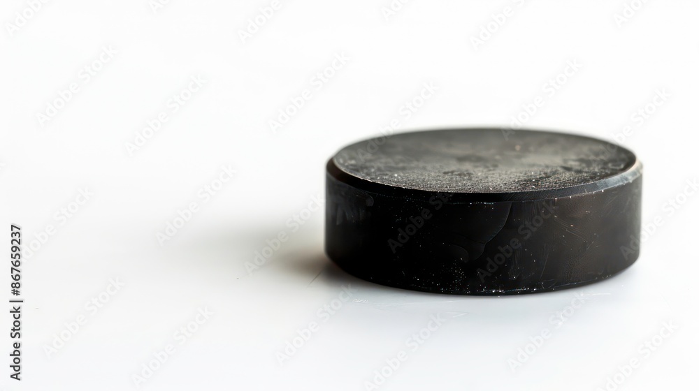 Close up of a hockey puck on a white background providing ample copy space for additional elements in the image. Generative AI Close up of a hockey puck on a white background providing ample copy space for additional elements in the image. Generative AI