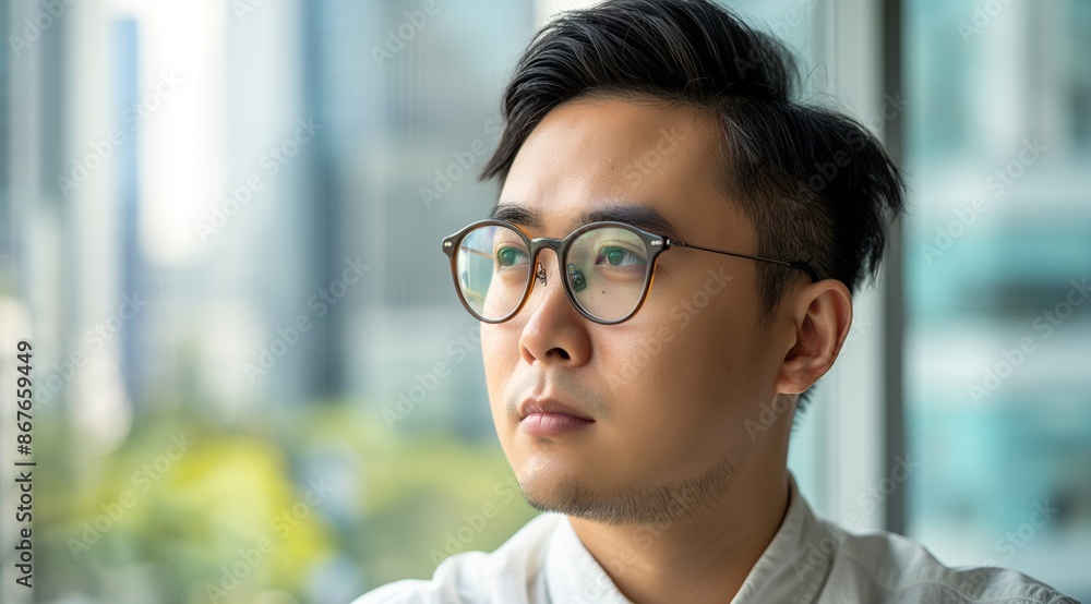 A closeup shot of an Asian man wearing glasses, looking out the window in contemplation and reflection during his work break at the office.