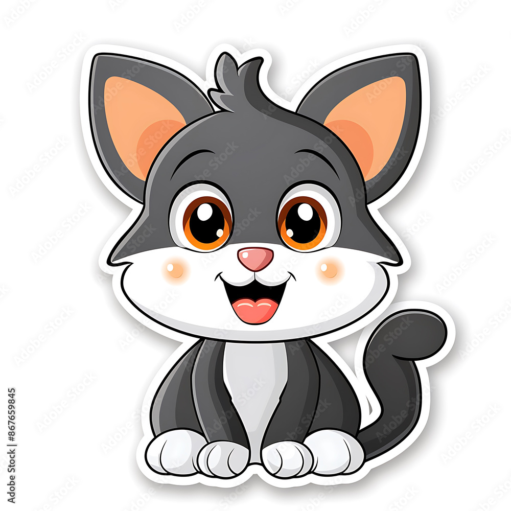 A charming cartoon-style cat sticker with a playful expression, featuring large expressive eyes, a friendly smile, and little blush marks on its cheeks. A charming cartoon-style cat sticker with a playful expression, featuring large expressive eyes, a friendly smile, and little blush marks on its cheeks.
