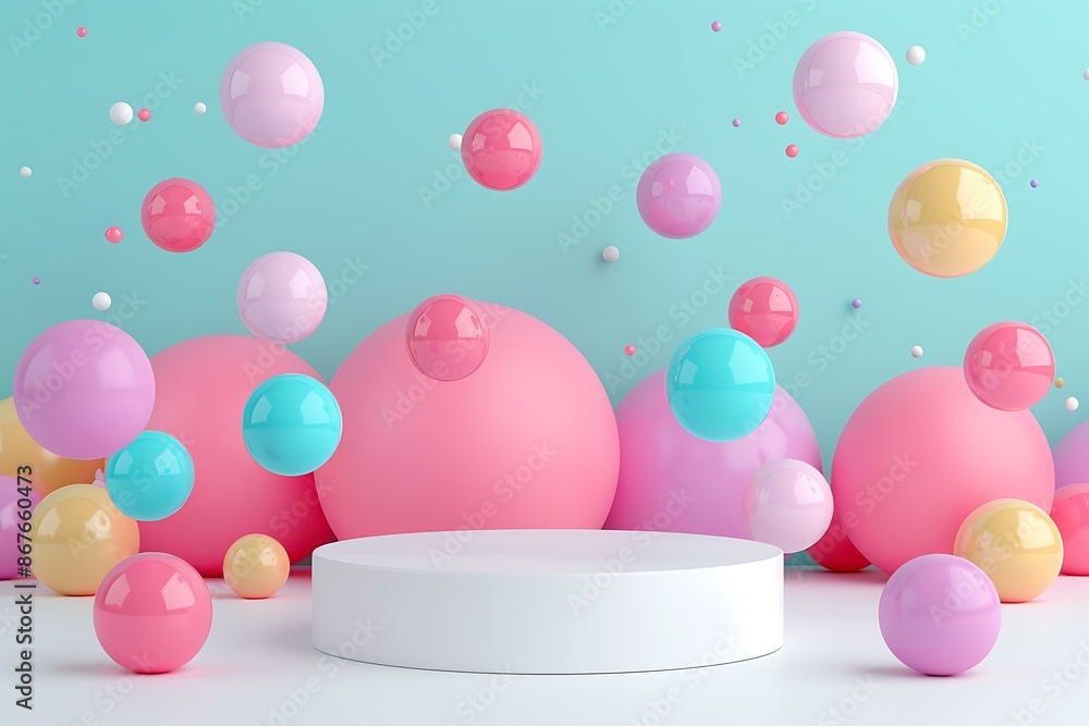 A 3D podium scene with colorful bubble-like elements, featuring various shades including yellow, blue, pink, and red against a cyan background. A 3D podium scene with colorful bubble-like elements, featuring various shades including yellow, blue, pink, and red against a cyan background.
