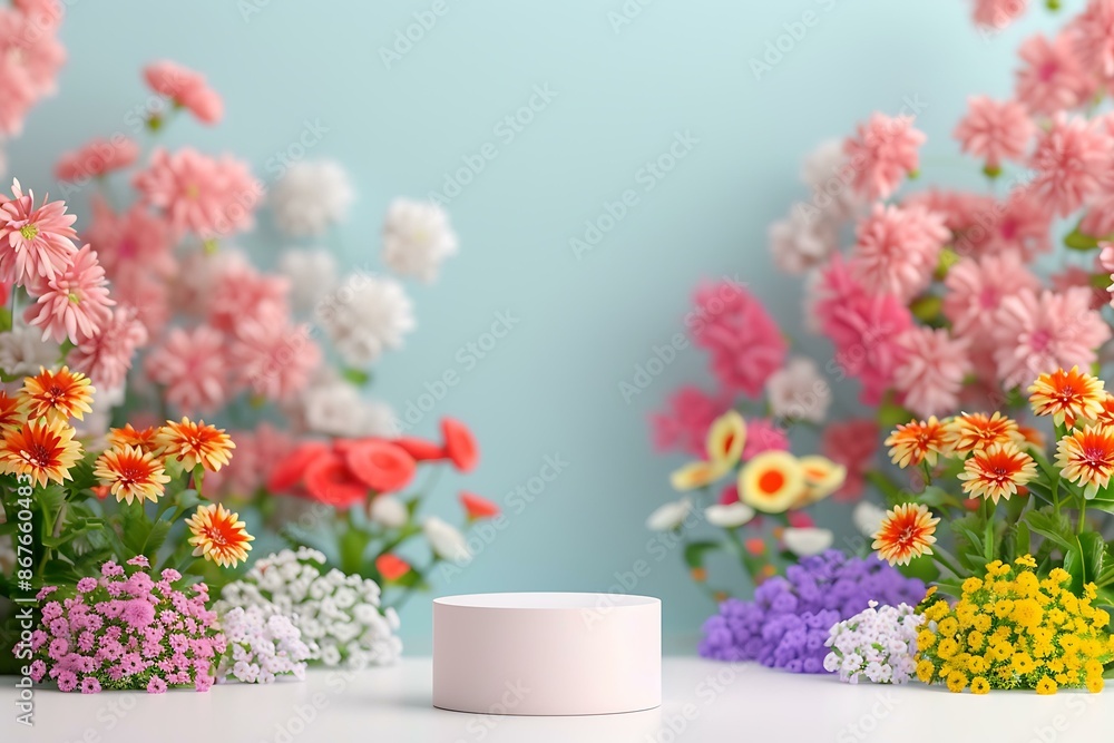 Fototapeta premium A beautiful floral arch with a variety of pink, white, and peach flowers adorning a white circular podium.