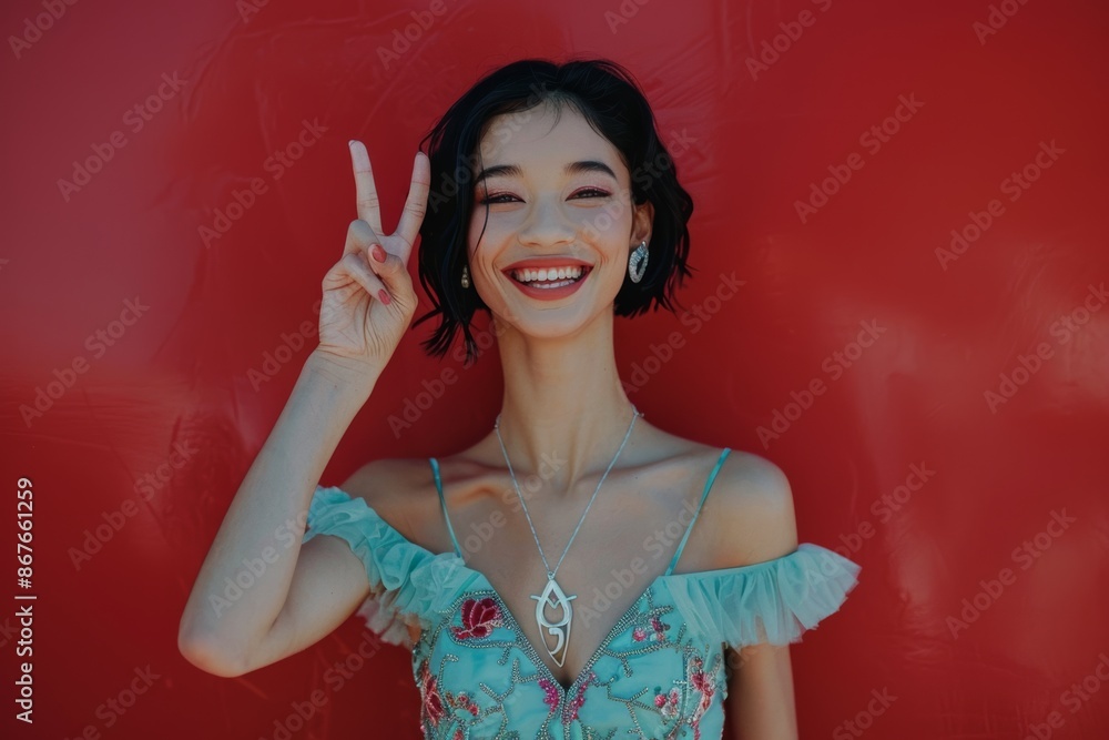 Peace Woman Smiling in Turquoise Dress with Cheerful Expression, Vibrant Colorful Background Peace Woman Smiling in Turquoise Dress with Cheerful Expression, Vibrant Colorful Background