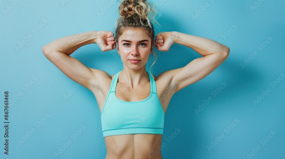 Fototapeta premium Young fitness woman doing sport isolated showing strength gesture with arms on blue background.