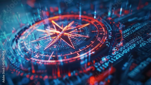 Wallpaper Mural Compass Direction On Digital Code Blue Background. 3D rendering. Generative AI Torontodigital.ca