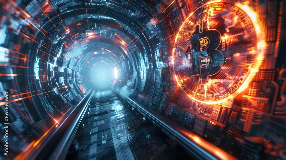 Conceptual image of a glowing coin symbol bursting with energy in a futuristic digital tunnel environment. Generative AI Conceptual image of a glowing coin symbol bursting with energy in a futuristic digital tunnel environment. Generative AI