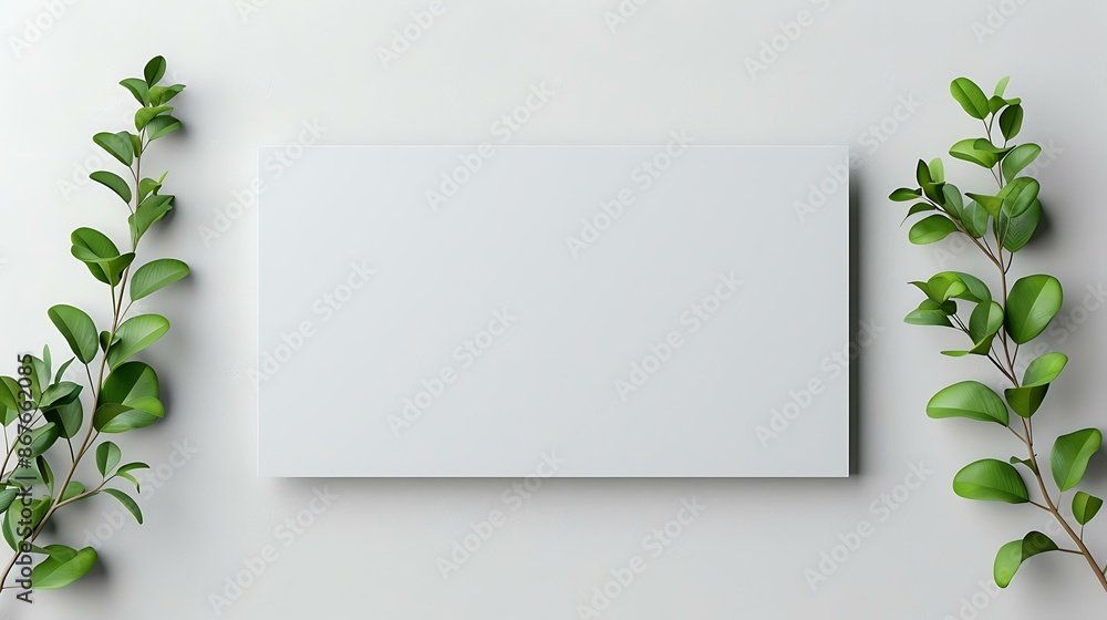 The design features a simple setup with green plants on both sides of a blank white banner against a soft gray background, evoking a sense of simplicity and elegance. The design features a simple setup with green plants on both sides of a blank white banner against a soft gray background, evoking a sense of simplicity and elegance.