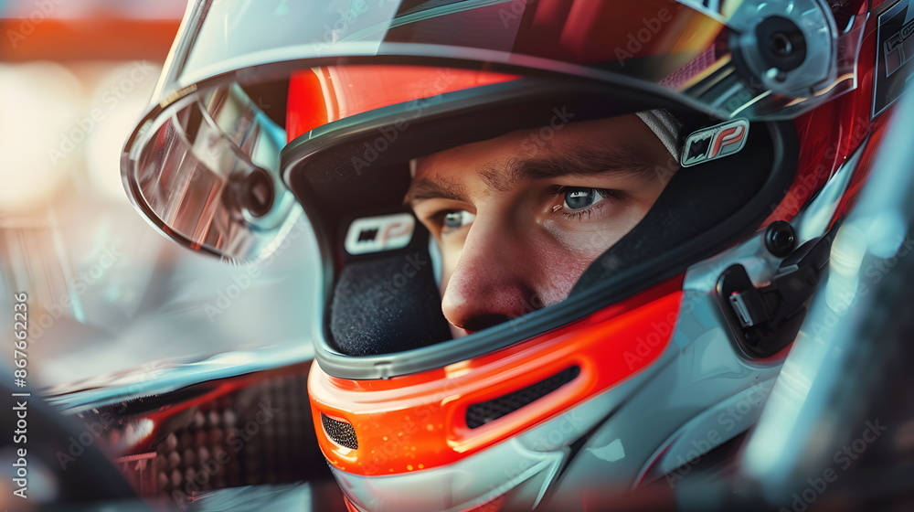 Close-up portrait of a racer in a helmet. A pilot wearing a helmet before the start of the race drives the car along the track. Determination burns brightly behind his visor as he prepares to win Close-up portrait of a racer in a helmet. A pilot wearing a helmet before the start of the race drives the car along the track. Determination burns brightly behind his visor as he prepares to win