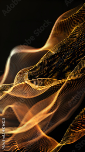 Vector illustration of golden dynamick lights linze effect isolated on black color background. Abstract background for science, futuristic, energy technology concept. Digital image lines with light  photo