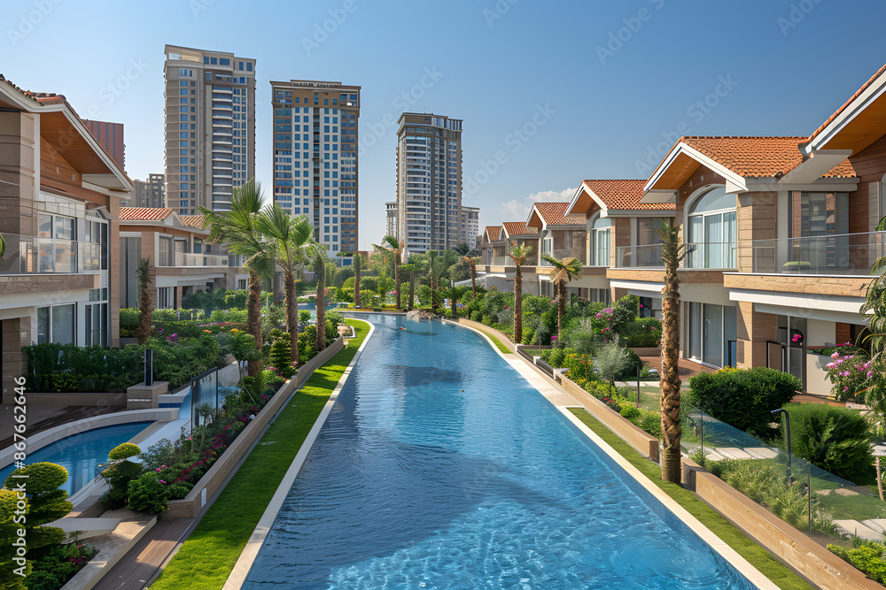 Fototapeta premium Luxury Residential Living: Outdoor Pool Amidst High-End Real Estate