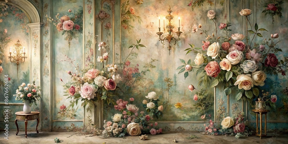 Fototapeta premium Softly blurred layers of distressed floral patterns and vintage oil paintings evoke a dreamy atmosphere of elegance and refinement in a bygone Victorian era setting.