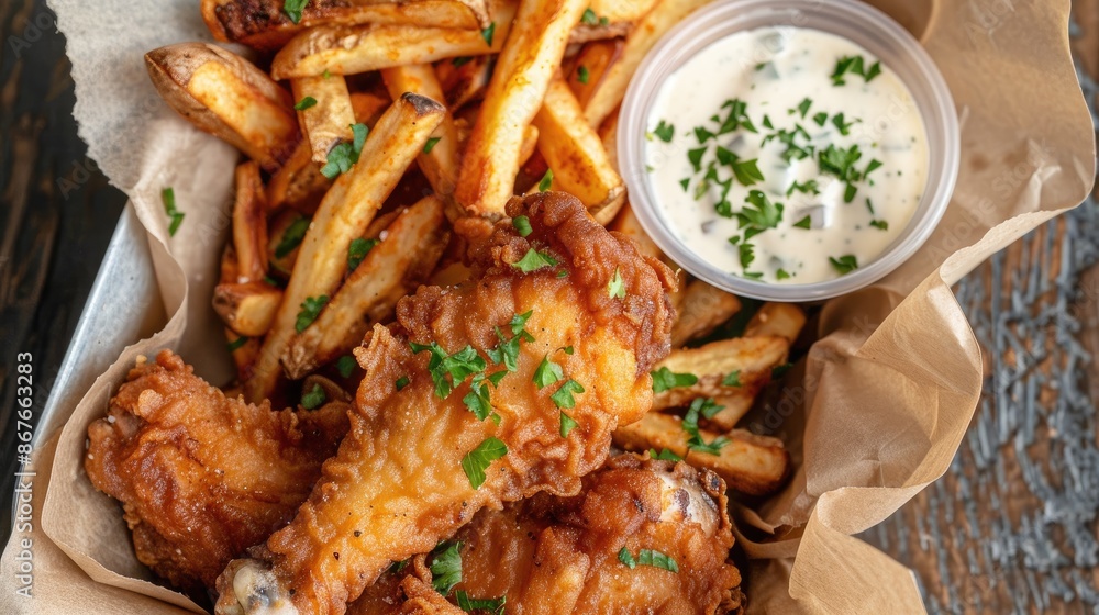 Chicken fried alongside crispy potato fries Chicken fried alongside crispy potato fries